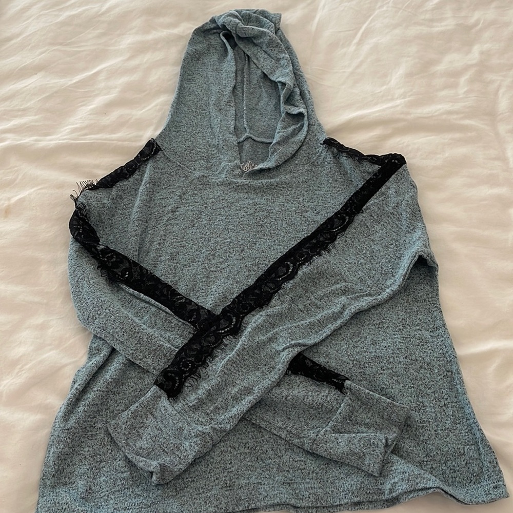 girls soft blue hoodie/sweater with black lace down the sleeves